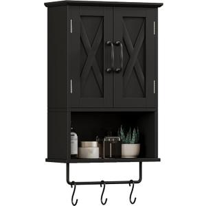 ChooChoo Farmhouse Medicine Cabinet, Bathroom Wall Cabinet with Adjustable Shelf, Towel Bar, 3 Hooks, Over The Toilet Storage Cabinet for Bathroom, Kitchen, 19.3''L, Black