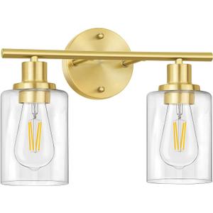 FOLKSMATE Bathroom Light Fixtures, 2-Light Brushed Brass Vanity Light, Gold Wall Sconces Lighting, Modern Bath Wall Mounted Lighting with Glass Shade, Porch Lamp for Mirror, Bedroom, Hallway