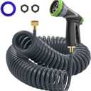 Coil Hose,3/8" EVA Coil Garden Hose 25 FT,Curly Water Hose Lightweight with Brass Connectors,Recoil Garden Hose Includes 8-Pattern Spray Nozzle for Boat, Yard, Patio (Gray)