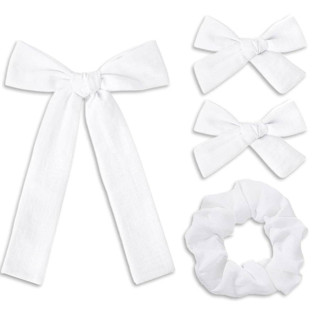 4 x 4 Pcs White Bows Set Accessories for Hair, White Scrunchie and Alligator Hair Clips Long Ponytail Bow Knot Linen Satin Hair Accessories for Women and Girls (3 Styles)