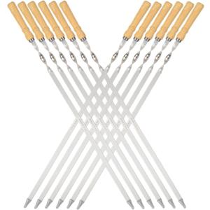 Large Size Kabob Skewers Flat Metal BBQ 22" Barbecue Skewer Wooden Handle Stainless Steel Shish Kabob Stick Wide Reusable Grilling Set Meat Shrimp Chicken Vegetable Kebab Fork Sausage-12PCS