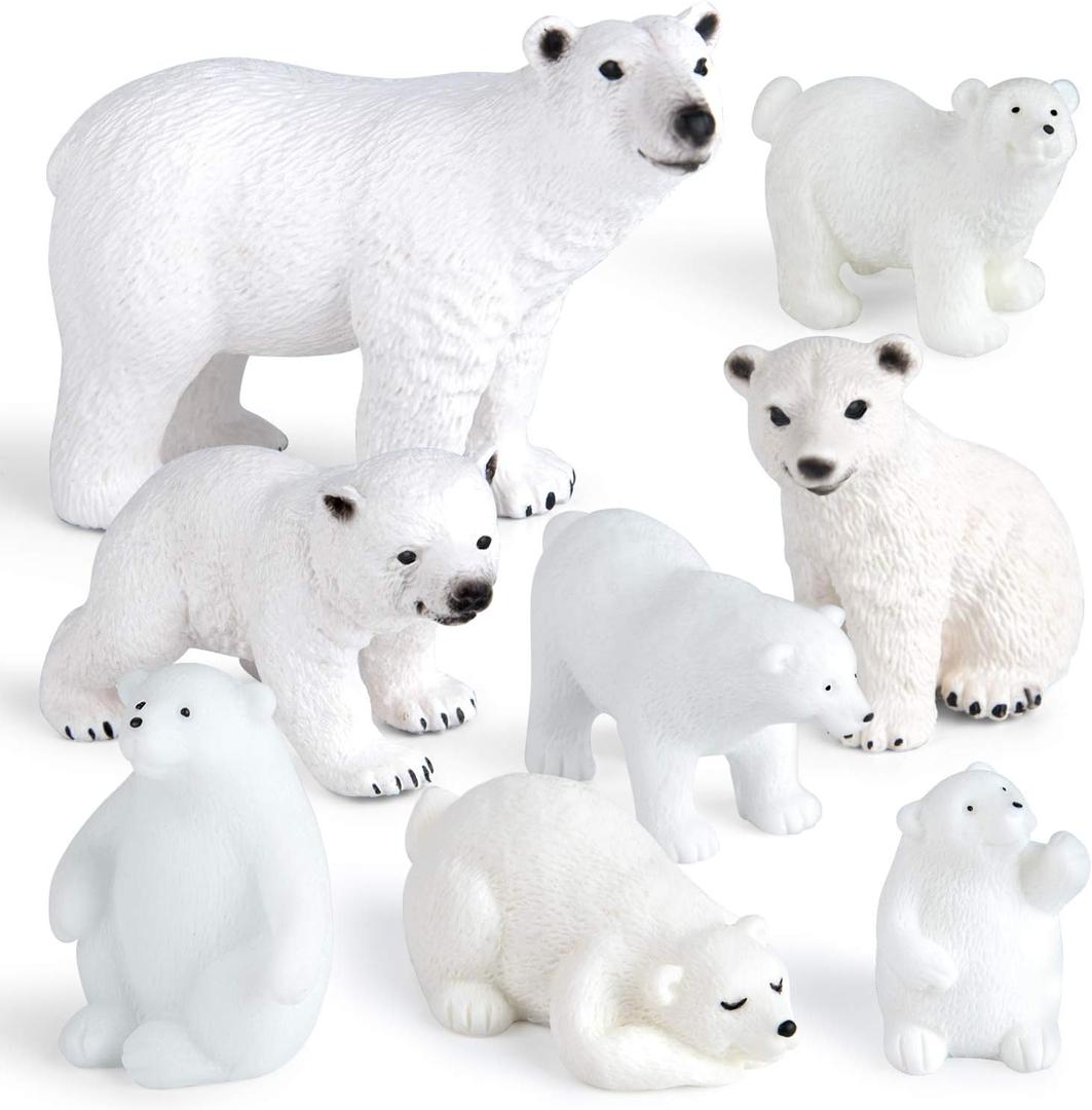 FEPITO 8 Pcs Winter Realistic Polar Bear Animal Figures Miniature Figurine Toy Mini Christmas Figures for Christmas Ornaments DIY Forest Farm Birthday Cake Decorations