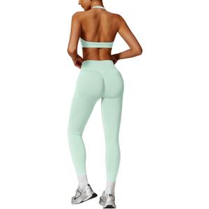 ABOCIW Workout Sets for Women Seamless Scunch Butt Lifting Impact Leggings Halter Sports Bra 2 Piece Gym Outfits (Small, Palm Green)