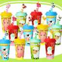 AFZMON 24 Sets Farm Animal Party Favors Goodie Cups With Lids and Silly Straws Bulk, Farm Birthday Decorations for Kids Barnyard Bags Stuffers Gifts