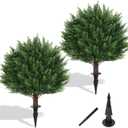 Yangrass Artificial Set of 2 Cedar Topiary Ball Trees 23" for Outdoors with Ground Spike, UV Resistant Faux Cypress Plants, Evergreen Shrubs Bushes for Front Porch Garden Backyard Decor