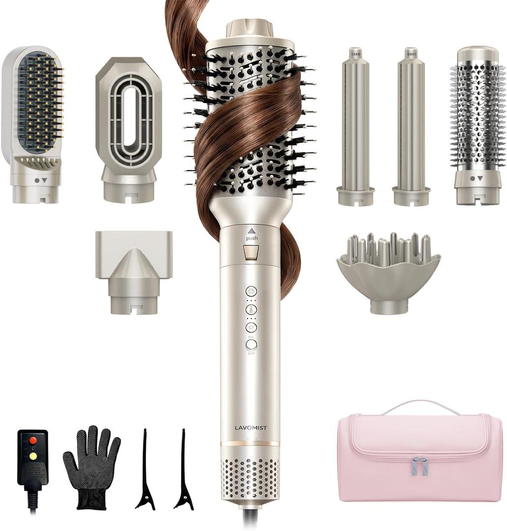 8-in-1 Dual Voltage Hot Air Styler & Hair Dryer Brush (100-240V) with Straightener & Curler Attachments, 110,000 RPM Ionic Fast Drying for Frizz-Free Styling, Gifts for Mom Women