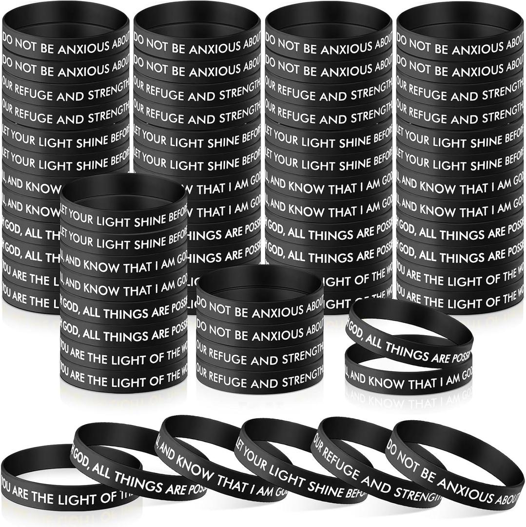 Wavwavw 60 Pcs Christian Bible Verse Silicone Bracelets, Easter Carnival Party Favors, Inspirational Religious Scripture Motivational Wristbands for Men Women, Church & School Gifts (Black)