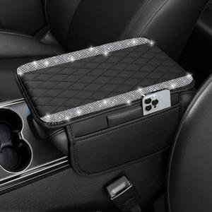 NBTEPEM Bling Car Center Console Cover, Leather Car Arm Rest Cover Cushion with 2 Storage Bags, Universal Auto Armrest Protector Storage Box, Bling Accessories Interior for Most Vehicles (Silver)