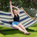 SUNCREAT Hammocks for Outside with Stand Included, Double Hammock with Curved Spreader Bar, Carrying Bag, Dark Green Stripes