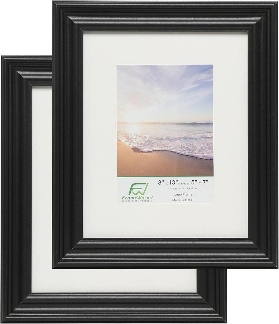 FrameWorks - 2-Pack - 8 x 10 Matted to 5" x 7" Black Wooden Picture Frames with Luxury Wide Molded Edge, Removable Mat, and Tempered Glass