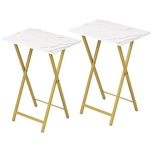 HOOBRO Folding TV Tray Tables, Set of 2 Stable Snack Table for Small Space, Portable Sofa Side Table, Easy Assembly and Storage, Ideal for Snacks and Meals in Living Room, Marble and Gold DM25BZ01