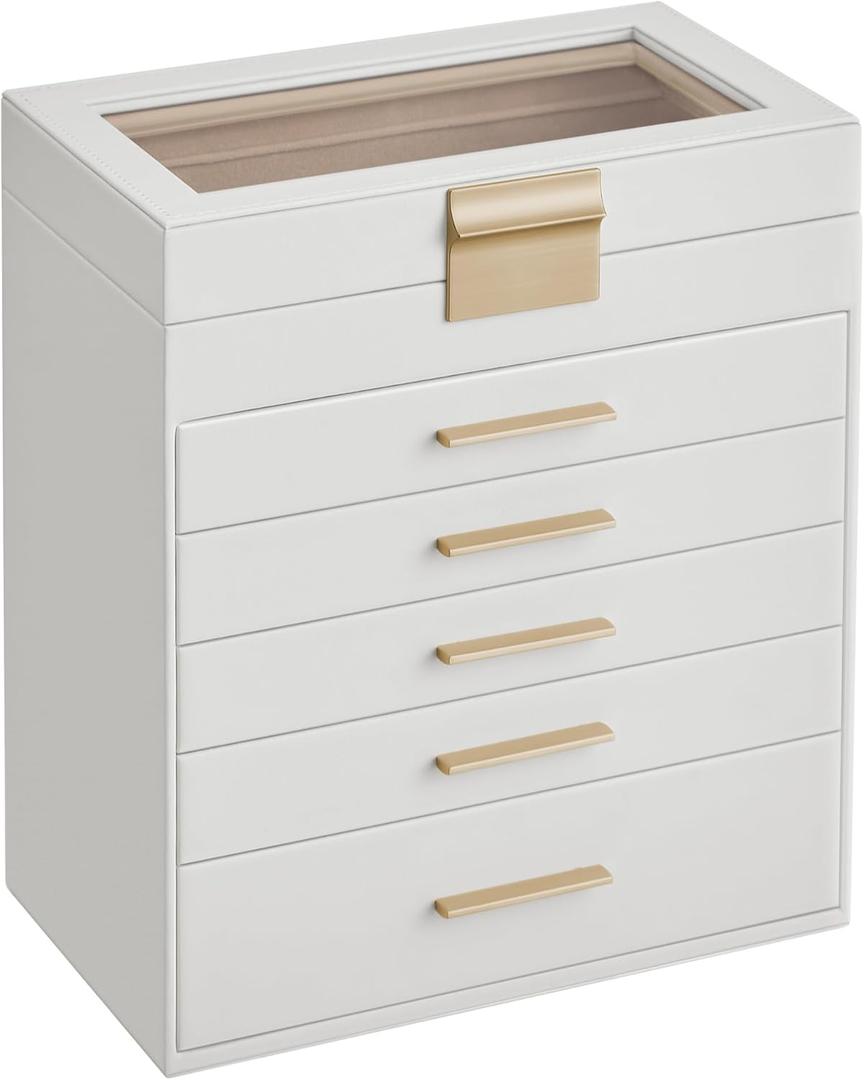 SONGMICS GISELLA Collection - Jewelry Box Organizer, 6-Layer Jewelry Storage with 5 Drawers, Shiny Metal Hardware, Glass Lid, Modern, 6.4 x 9.9 x 11.4 Inches, Cloud White and Gold Color UJBC171W01