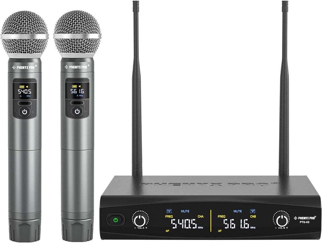 Phenyx Pro Wireless Microphone System, Metal Wireless Mic Set, Handheld Cordless Dynamic Microphones for Singing, Karaoke, Church, 2x30 UHF Tunable Frequencies,200 ft Range (PTU-52-2H)