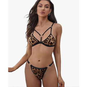 Women's Two Piece Love Loop Lingerie Leopard Print Cheeky Bikini Sets Sexy Halter Ring Triangle String, Medium