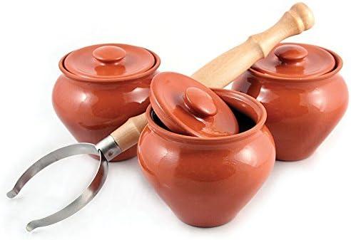 Stoneware Ramekins with Lids Set of 3 & 1 Oven Fork  16.9 fl oz (500 ml)  Clay Pots for Cooking