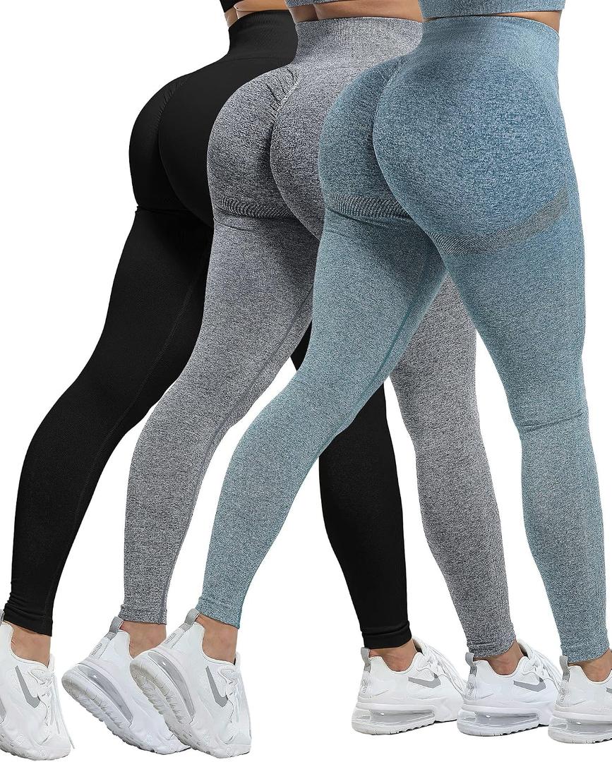 CHRLEISURE Workout Leggings Sets for Women, Gym Scrunch Butt Butt Lifting Seamless Leggings 3 Piece
(Black, Gray, Blue, M)-1