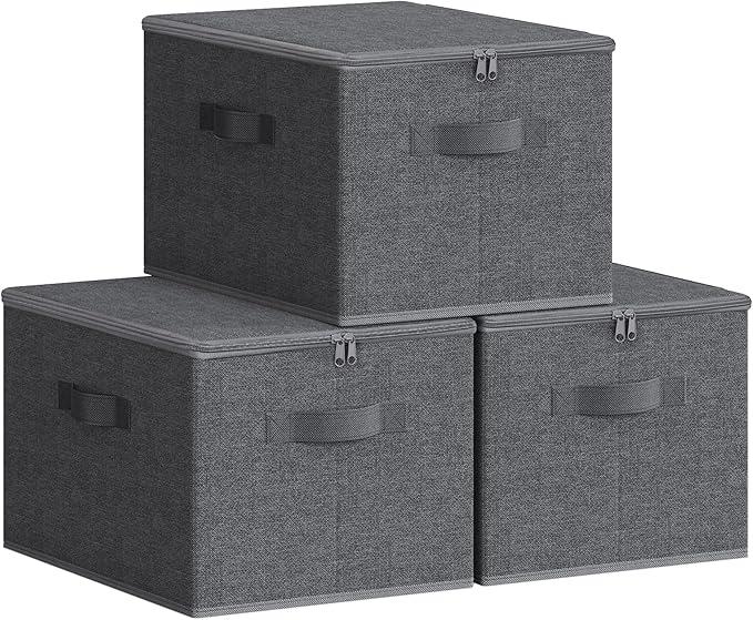 SONGMICS Foldable Storage Organizer Boxes, Set of 3 Storage Basket Bins with Lids, Handles, Clothes Organizer, 15.7 x 11.8 x 9.8 Inches, Non-Woven Fabric, Dove Gray URZB003W01
