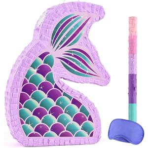WERNNSAI Mermaid Piata - Mermaid Party Supplies Piata Bundle with Blindfold and Bat for Girls Kids Ocean Theme Birthday Party Game Carnival Activity Decorations (16.7" x 12.2" x 3.1")