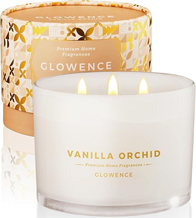 Glowence Luxury Vanilla Scented Candle  Large 3 Wick Jar Candle  Elegant Gift for Women & Men  100% Natural Soy Wax  Up to 40 Hours Burning Time  Housewarming Aromatherapy Candle for Home