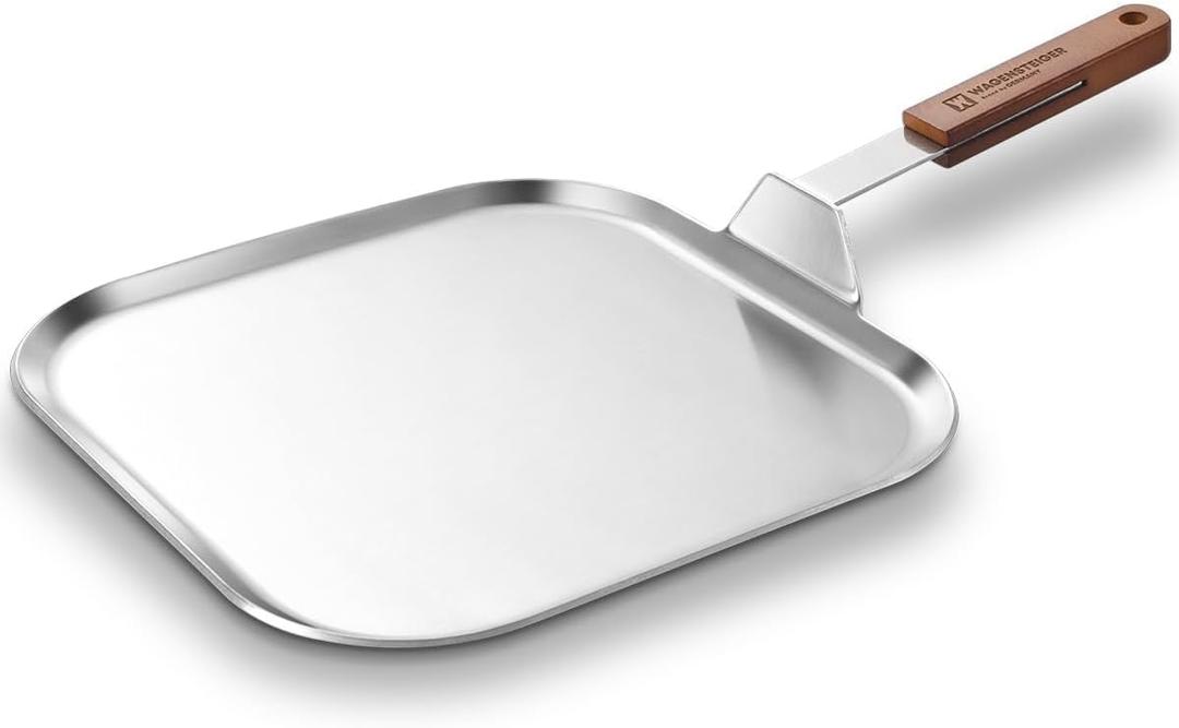 WAGENSTEIGER Stainless Steel Square Griddle Pan/Plate with Wooden Handle, 3-Ply Construction with Aluminum Core for Home & Outdoor Extra Large Flat Cooking Tray, All cooktops, 
19.29"L x 11.42"W x 1.97"Th