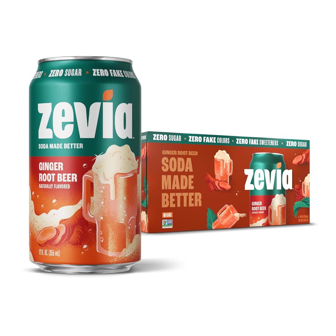 Zevia Zero Sugar Soda, Ginger Root Beer, 12 oz Cans (16-Pack) Naturally Sweetened, Non-GMO Project Verified, Gluten-Free, Vegan,  BBD 03/18/27