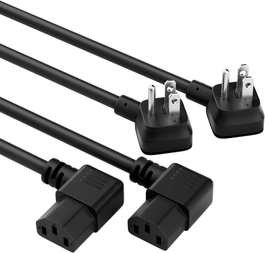 Elecan 3-Prong 45 Degree Flat to 90 Angled Plug Replacement Power Cord 10 Ft/2 Pack, Heatproof Flexible Durable AC Device Power Cable for Appliance Computer TV Monitor, ETL 18AWG 125V 10A