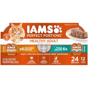 IAMS Perfect Portions Healthy Adult Wet Cat Food with Chicken and Tuna Recipe Variety Pack, Easy Peel Twin-Pack Trays, Pack of 24 (48 Total Servings), Best By: 09/10/27