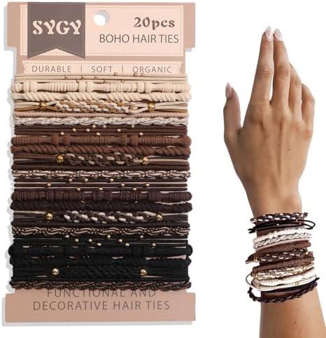 8 PCS Boho Hair Ties, Bracelets Hair Ties for Thick or Thin Hair, 5 Styles Boho Ties for Ponytail Holders, 2.36’’ Hair Ties No-Damage, Neutral Color