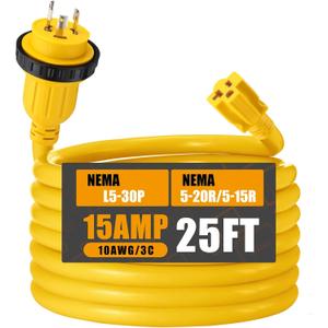 Kanayu 25FT 30 Amp to 15 Amp Marine Shore Power Adapter Extension Power Cord Compatible with NEMA L5-30P to 5-15/20R 10AWG 30Amp to 20Amp T Blade Marine Plug 125V Household Outlet Pigtail Boat Adapter