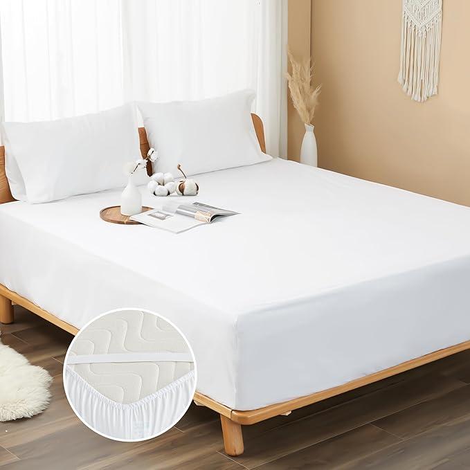 HOMTEC 100% Cotton Percale Fitted Sheet Full Size, 8-15" Deep Pocket Cooling Bottom Sheet, Breathable Soft & Crisp Fitted Sheet Only with 4 Corner Straps (Full, White)