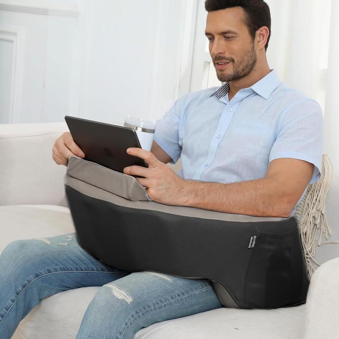 NPET Reading Pillow Couch Lap Desk for Gaming, Memory Foam Arm Rest Pillow with Washable Cover, Arm Desk Pillow with 2 Side Pockets & Cup Holders for Unisex Gaming, Reading & Working (Black)