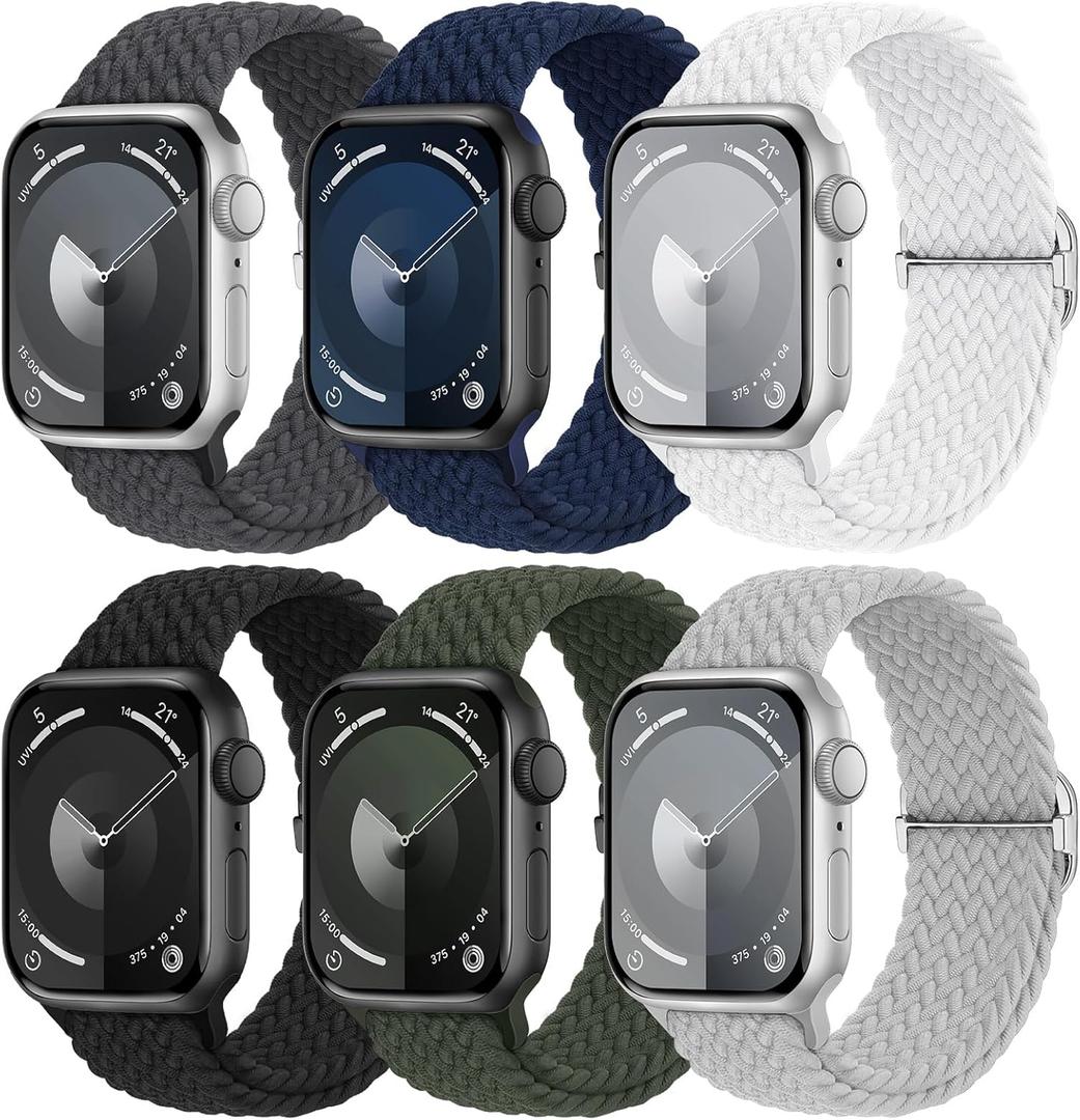 6 Pack Braided Stretchy Bands Compatible with Apple Watch Band 38mm 40mm 41mm 42mm 44mm 45mm 46mm 49mm Women Men, Adjustable Nylon Solo Loop Elastic Straps for iWatch Series 10 9 8 7 6 5 4 3 SE Ultra (44mm/45mm/46mm/49mm/42mm(Series 3 2 1), Olive Green/Deep Gray/White/Navy Blue/Titan Gray/Black)