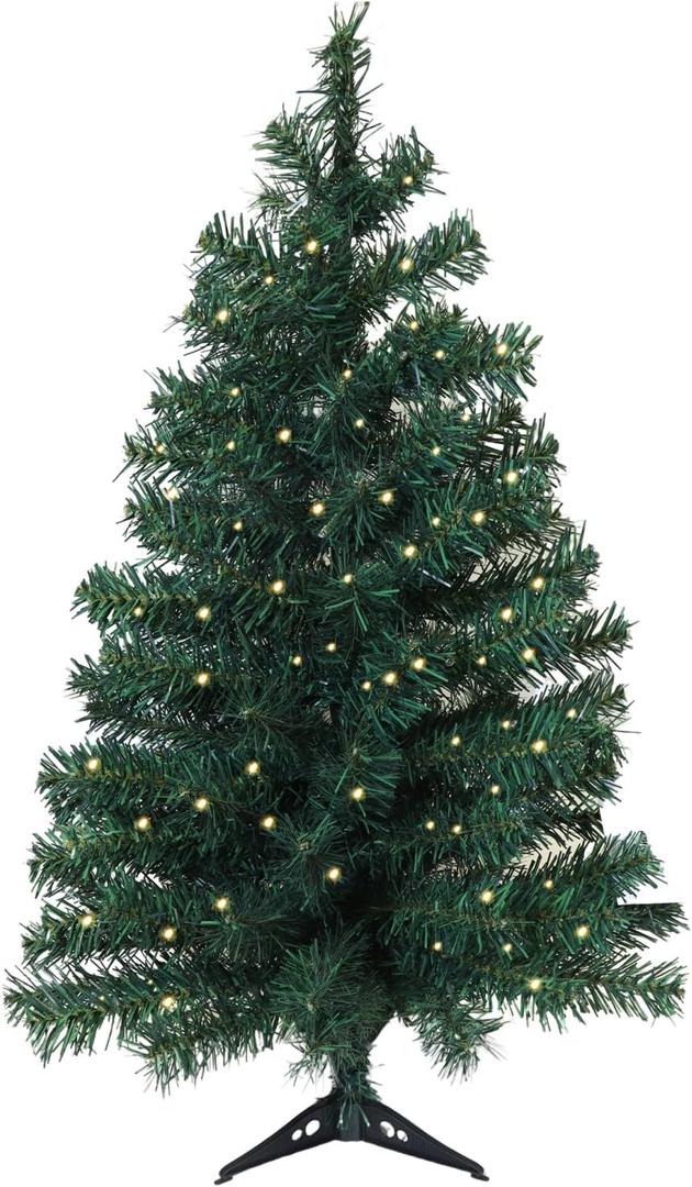 3ft Artificial Pre-lit Christmas Pine Tree with LED Warm Lights,Metal Hinges & Foldable Base,Easy Assembly for Home,Office,Green
