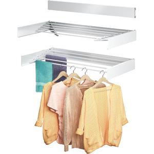 Laundry Drying Rack Collapsible: Wall Mounted Clothes Drying Rack - 31.4" Wide 13.2 Linear Ft 5 Aluminum Rods40 lb Capacity with Wall Template Screwdriver Bit Drill Bit (White)