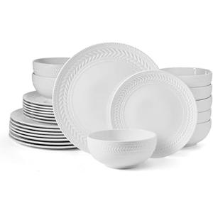 Pfaltzgraff Josephine 24-Piece Dinnerware Set, Porcelain Dish Set with Embossed Basket Weave Design, Service for 8, White Plates and Bowls Sets, Microwave and Dishwasher Safe