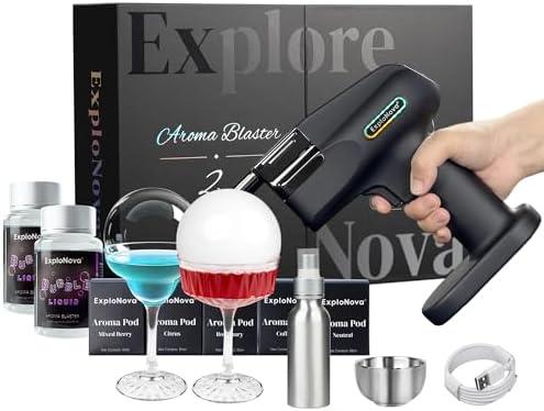 ExploNova Cocktail Bubble Smoke Gun with 5 Flavour Aroma Pods and Edible Bubbles, Electric Bubble Smoke Machine, Food Drink Decor Perfect for Bar, Party and Home, Gift for Engagement & Birthday