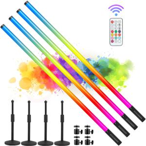 4Pack 5000mAh Battery Powered 4ft RGB led Tube dj Light bar with Stand Colored Video Stick Lights for 360 Photo Booth Studio Dance Club Party Wedding Events Stage Lighting