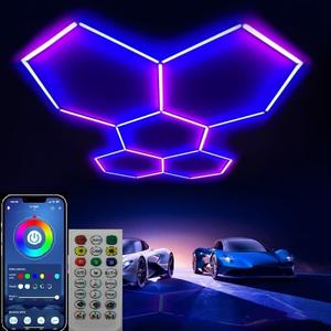 RGB LED Hexagon Garage Lighting Honeycomb Lamps 110-265V for Car Wash Repair Workshop Decor Ceiling Lighting LED Hexagon Lights for Gym Bar Gaming Room, Smart App,Remote Control