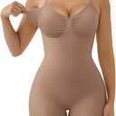 SHAPERX Women's Seamless Shapewear Tummy Control Bodysuit with Removable Pads Mid Thigh Body Shaper (Brown, S)