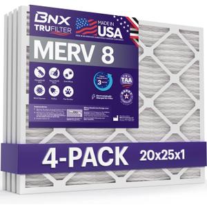 BNX TruFilter 20x25x1 Air Filter MERV 8 (4 Pack) - MADE IN USA – Dust & Pet Defense Electrostatic Pleated Air Conditioner HVAC AC Furnace Filters for Dust, Pet, Mold, Pollen MPR 600 – 700 & FPR 5