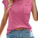 Womens Summer Trendy Shirts Tops 2025 Cap Short Sleeve Sweater Vest Crewneck Checkered Pocket Lightweight Tee Outfits, Size: Small