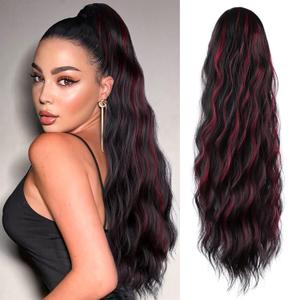 Ponytail Extensions Long Wavy Drawstring Ponytail Pony Tails Hair Extension for Women Black Mixed Burgundy Clip in Ponytail Extension