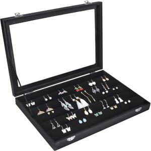 Earring Organizer Tray Velvet Earring Display Organizer Storage Box Premium 110 Slot 55 Pair Earring Display Organizer with Transparent Glass Cover Suitable for Women and Girls (Black)