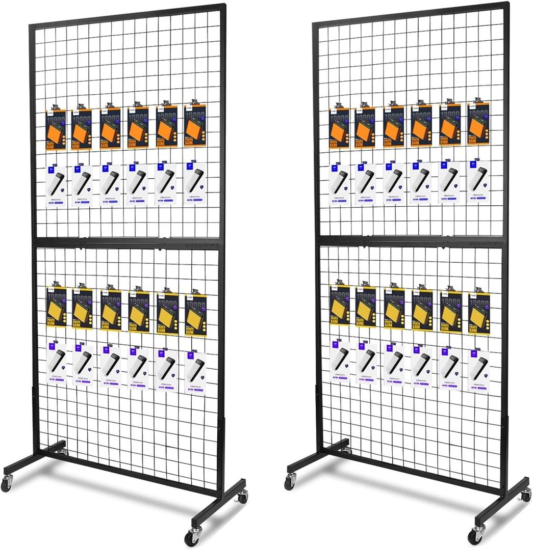 NectaCol Grid Wall Panels, 2 Packs 3'x 6' Grid wall Panels Stand with T-Base, Black Wire Gridwall Display Rack, Craft Show Display Rack, Art Gridwall Display Stand