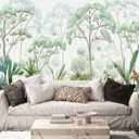 Tropical Forest Wallpaper Mural Green Botanical Leaves Rabbit Wall Mural Watercolor Art for Bedroom Living Room (Not Self-Adhesive) (127" x 96")