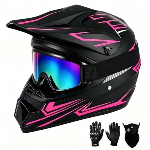 SPARK Youth Motocross Helmet Kids Dirt Bike Helmets DOT Certified - Full Face, Lightweight & Breathable for Off-Road E-Bike UTV MX ATV (with Gloves Goggles Mask) 4Pcs Set (Black Pink, Medium)