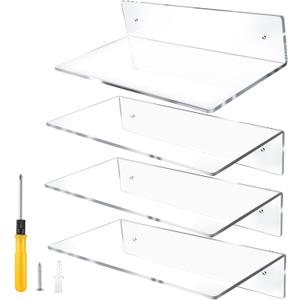 12 Inch L-Shaped Acrylic Floating Shelf Clear Wall Mounted Shelves Invisible 5MM Thick Shelf for Wall Storage Clear Shelves for Makeup Photo Picture Book Record Display 4 Pack