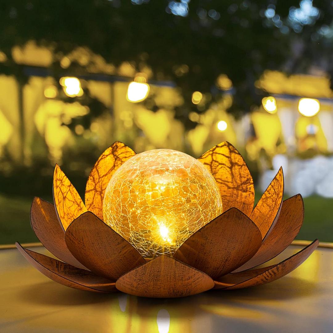AIINY Solar Light Outdoor(2Pack), Art Crackle Globe Glass Lotus Decoration, Solar LED Waterproof Metal Flower Lights for Patio,Lawn,Walkway,Tabletop