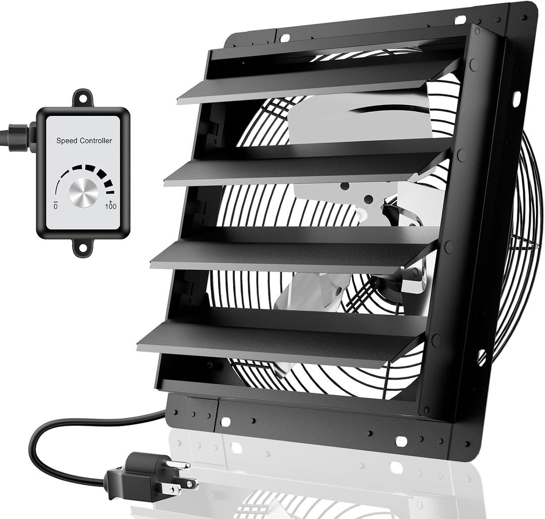 HG Power 14 Inch Attic Fan with Speed Controller, 1294 CFM Shutter Exhaust Fan with EC Motor, Wall Mounted Greenhouse Fan for Shed, Basement, Gable, Chicken Coop Ventilation Use, Black