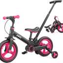 JMMD Toddler Bike with Push Handle for Kids 18-60 Months, 6 in 1 Foldable Push Bike with Training Wheels, Pedals, Brakes, Kickstand, Kid Balance Bike Gift & Toys for Boy & Girl (Large, Pink)